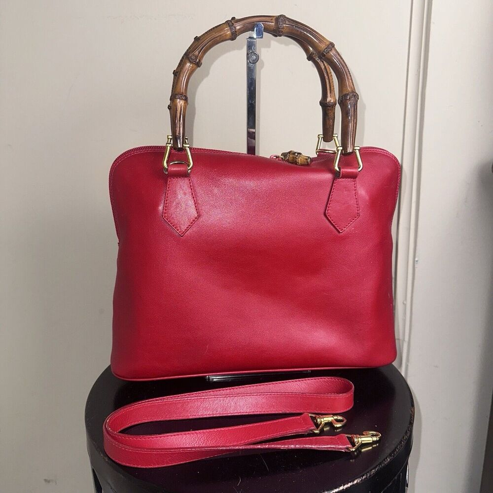 Authentic Vintage GUCCI Bamboo Red Calf Leather 2-Way Shoulder Hand Bag